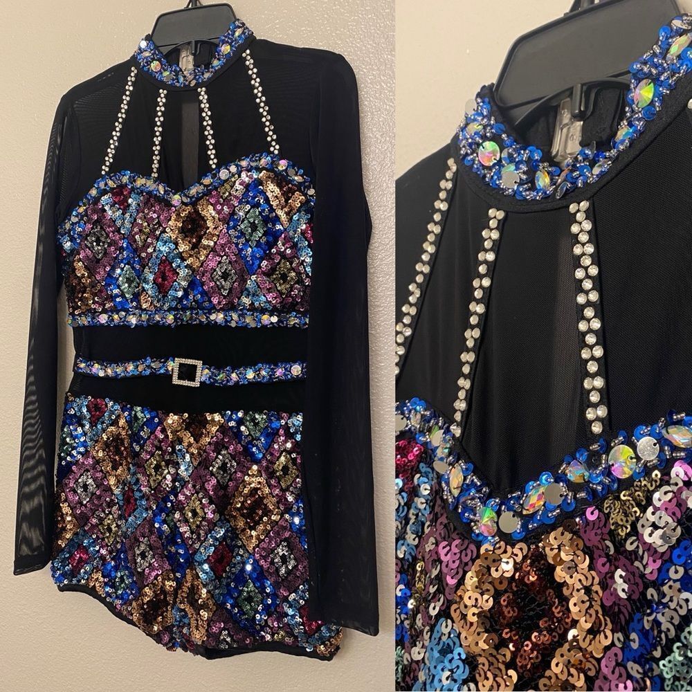 Glamour solo custom dance costume black blue leotard rhinestone LA-Large adult